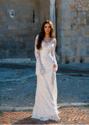 Long Bell Sleeve Ivory Lace Pearl Embellished Wedding Dress